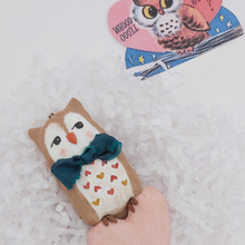 Load image into Gallery viewer, Spun cotton Valentine&#39;s Day owl, laying on white tissue paper shredding. Pic 6 of 6. 

