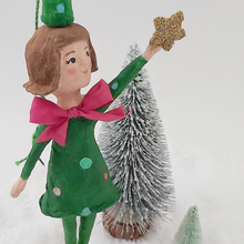 Load image into Gallery viewer, Another close up of spun cotton Christmas tree girl ornament. Pic 4 of 8.
