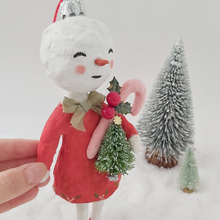 Load image into Gallery viewer, Another close up of spun cotton vintage inspired snow lady, from the opposite side. Pic 2 of 7. 
