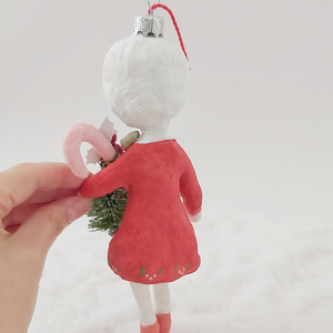 Back view of spun cotton vintage inspired snow lady ornament. Pic 6 of 7. 