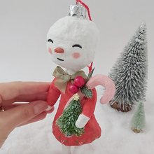 Load image into Gallery viewer, A close up of spun cotton vintage inspired snow lady ornament. Pic 1 of 7. 
