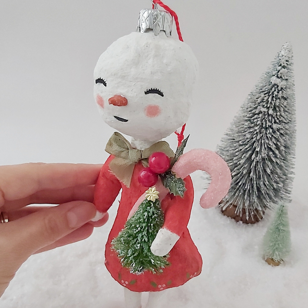 A close up of spun cotton vintage inspired snow lady ornament. Pic 1 of 7. 