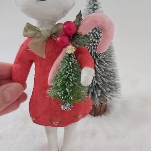 Close up of spun cotton snow lady's glittery Christmas tree and pink candy cane. Pic 5 of 7. 
