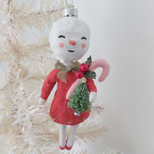 Spun cotton vintage inspired snow lady, dangling from white Christmas tree. Pic 3 of 7.