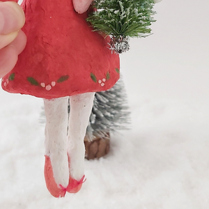 Close up of painted berries and leaves on spun cotton snow lady's dress, and her shoes. Pic 4 of 7. 