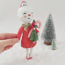 Cargar imagen en el visor de la galería, Spun cotton vintage inspired snow lady ornament, held up by hand for size comparison. Pic 7 of 7.
