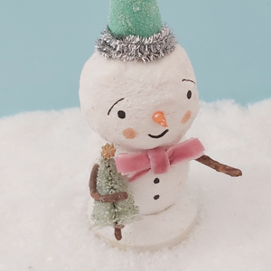 Close up of spun cotton vintage style snowman. Picture 3 of 6.
