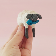 Load image into Gallery viewer, Vintage style miniature spun cotton sheep held in hand against a pink background. Pic 2 of 8.

