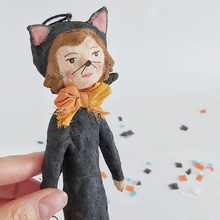Load image into Gallery viewer, Vintage style spun cotton cat girl standing on Halloween confetti against a white background. Pic 1 of 8. 
