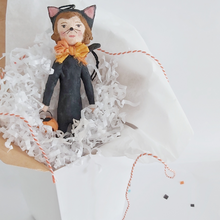 Load image into Gallery viewer, A vintage style spun cotton cat girl ornament sitting in a white gift box with white tissue shredding. Pic 5 of 8. 
