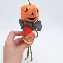 Load image into Gallery viewer, A vintage style spun jack-o&#39;-lantern man held in hand on white background. Pic 3 of 8.
