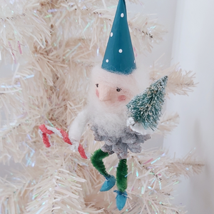 Vintage style spun cotton pine cone elf hanging from white Christmas tree. Pic 2 of 7. 