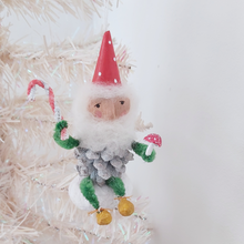Cargar imagen en el visor de la galería, Vintage style spun cotton pine cone elf ornament, hanging on white Christmas tree. Pic 4 of 9.
