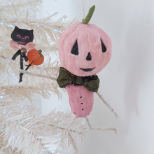 Cargar imagen en el visor de la galería, Vintage style spun cotton pink jack-o&#39;-lantern ornament hanging on white tree, on white  background. Pic 3 of 10.
