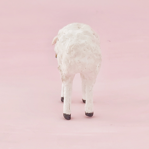 Back side view of vintage style spun cotton sheep, against a pink background. Pic 7 of 8.