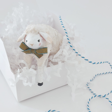 Load image into Gallery viewer, A spun cotton sheep hanging out of a white gift box against a white background. Pic 4 of 8.
