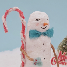 Load image into Gallery viewer, Close up image of the upper half of the vintage style spun cotton snowman, against a light blue background. Pic 1 of 6.
