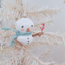 Cargar imagen en el visor de la galería, Vintage style spun cotton snowman ornament, hanging on a white Christmas tree. Pic 3 of 7. 
