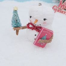 Load image into Gallery viewer, Another close-up of spun cotton snowman, sitting on fake snow. Pic  6 of 8.
