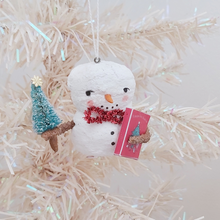 Load image into Gallery viewer, Vintage style spun cotton snowman hanging from white Christmas tree . Pic 3 of 8.
