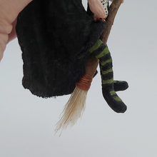 Load image into Gallery viewer, Broom close-up on spun cotton witch ornament. Pic 6 of 10. 
