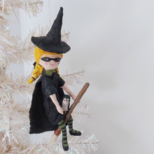 Load image into Gallery viewer, Vintage style spun cotton witch ornament, hanging on white tree. Pic 1 of 10
