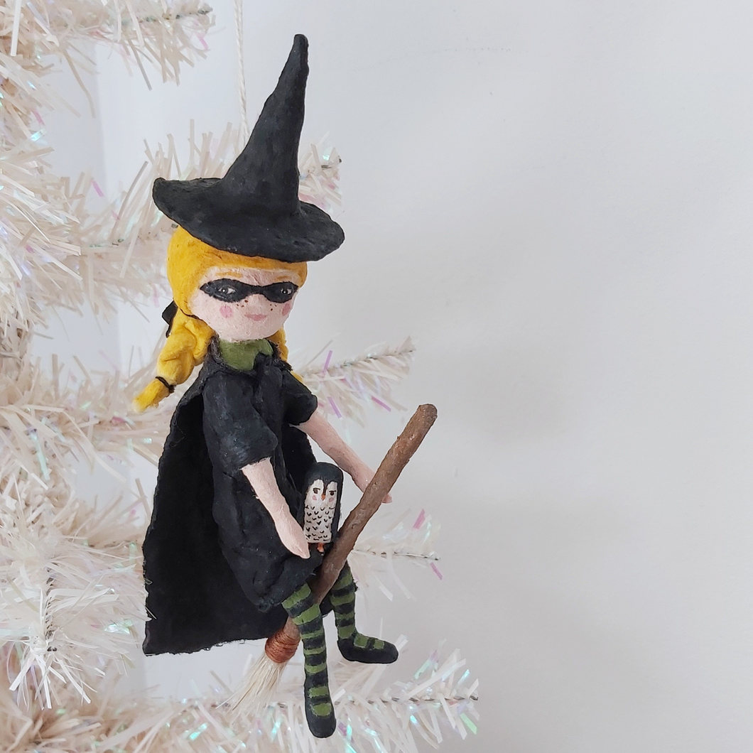 Vintage style spun cotton witch ornament, hanging on white tree. Pic 1 of 10
