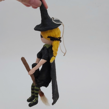 Load image into Gallery viewer, Opposite side view of vintage style spun cotton witch ornament. Pic 9 of 10.
