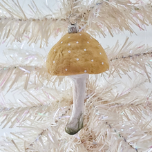 Cargar imagen en el visor de la galería, A vintage style spun cotton yellow mushroom ornament, hanging from a white tree. Pic 2 of 4
